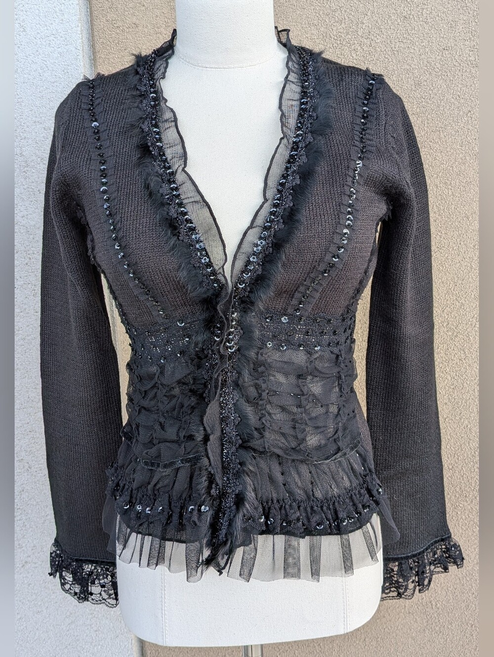 GUESS Vintage Girls Whimsygoth Ruffle Beaded Knit Cardigan XL 16 NWOT